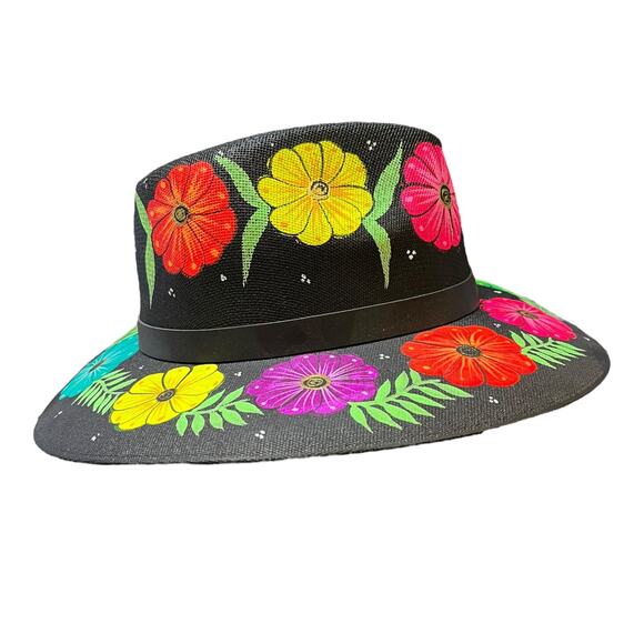 HAT MEXICAN Artisanal Hand Painted Fedora Floral Sombrero Panama Bohemian Black main image 5
